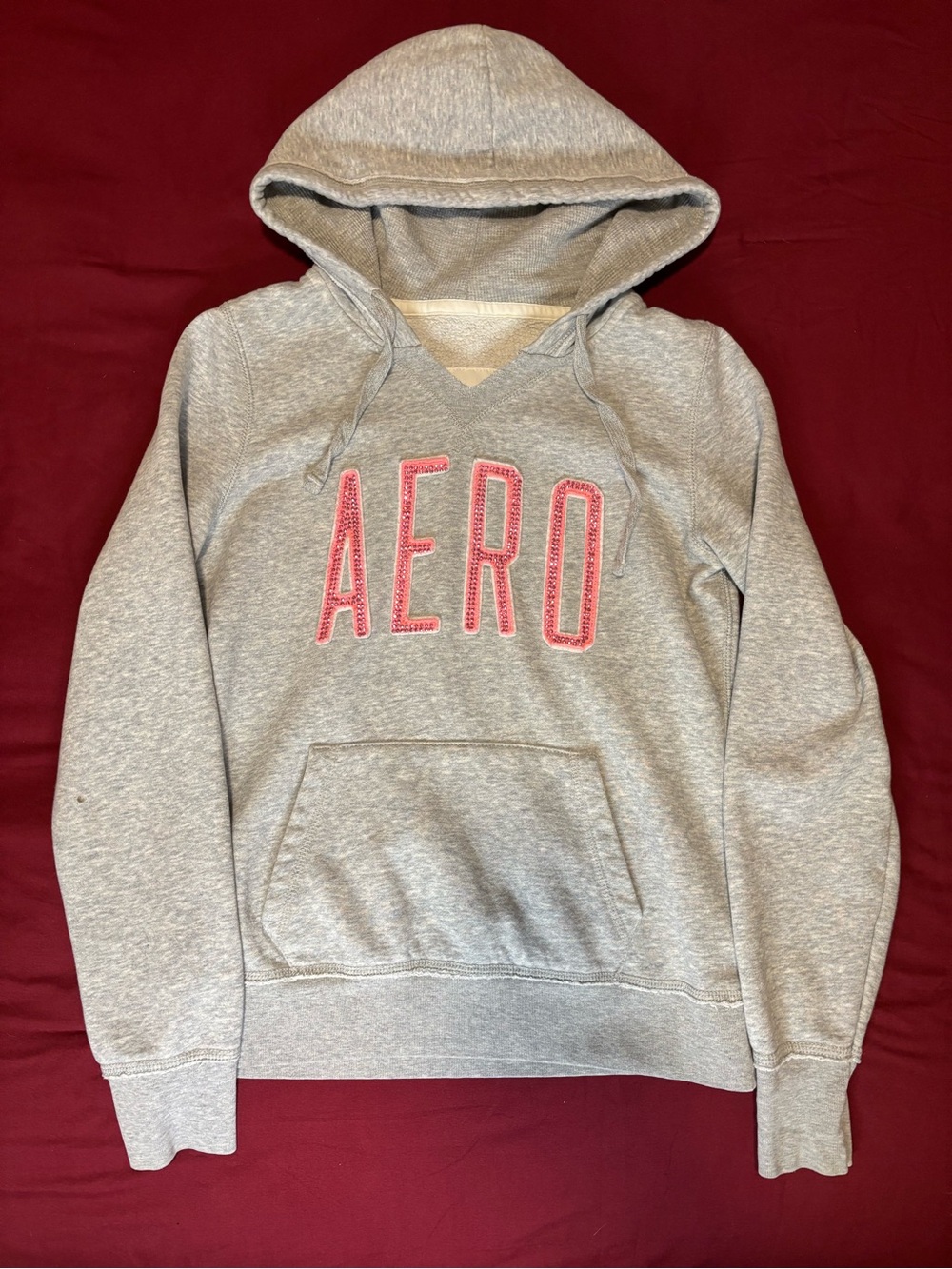 y2k Aeropostale grey hoodie with pink rhinestone logo